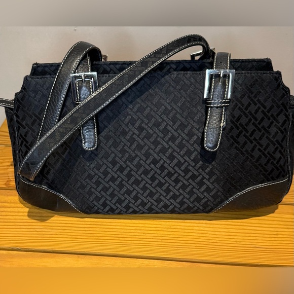 Talbots Handbags - Talbots vintage Shoulder Bag black Jacquard with leather trim EUC Y2K